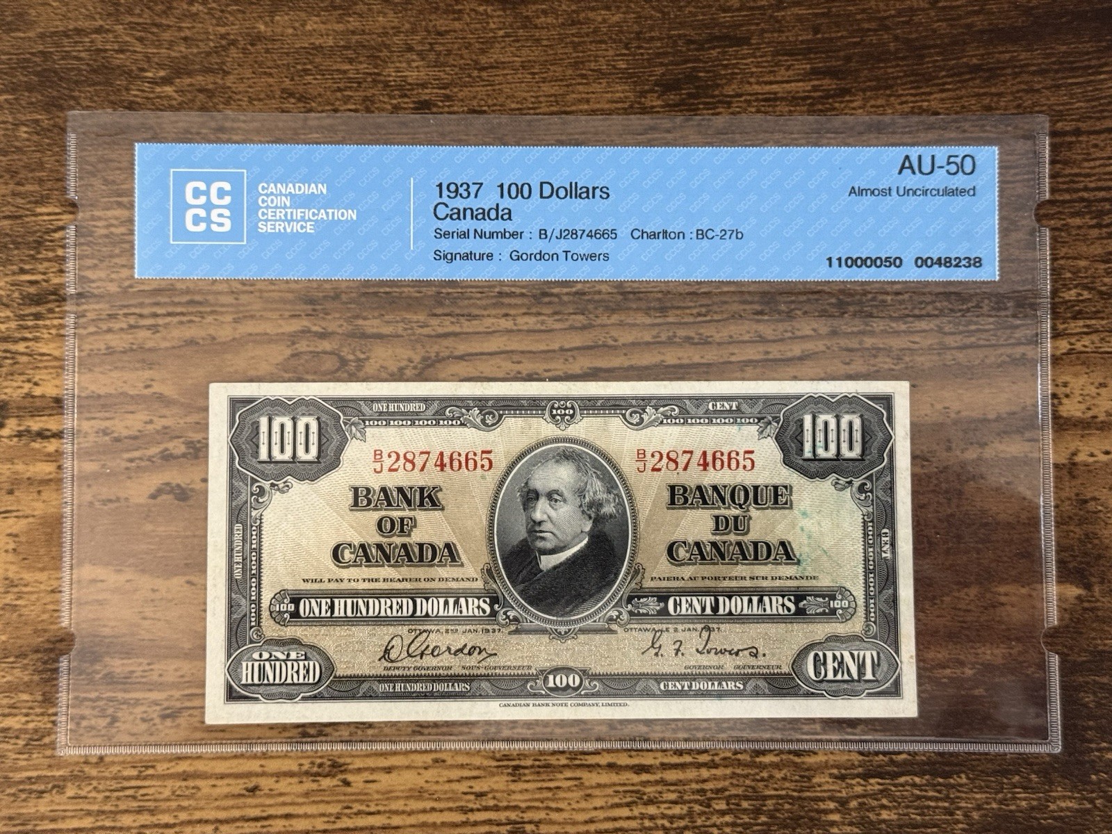 Canada 1937 $100 Banknote - Gordon-Towers - CCCS AU-50 Almost Uncirculated