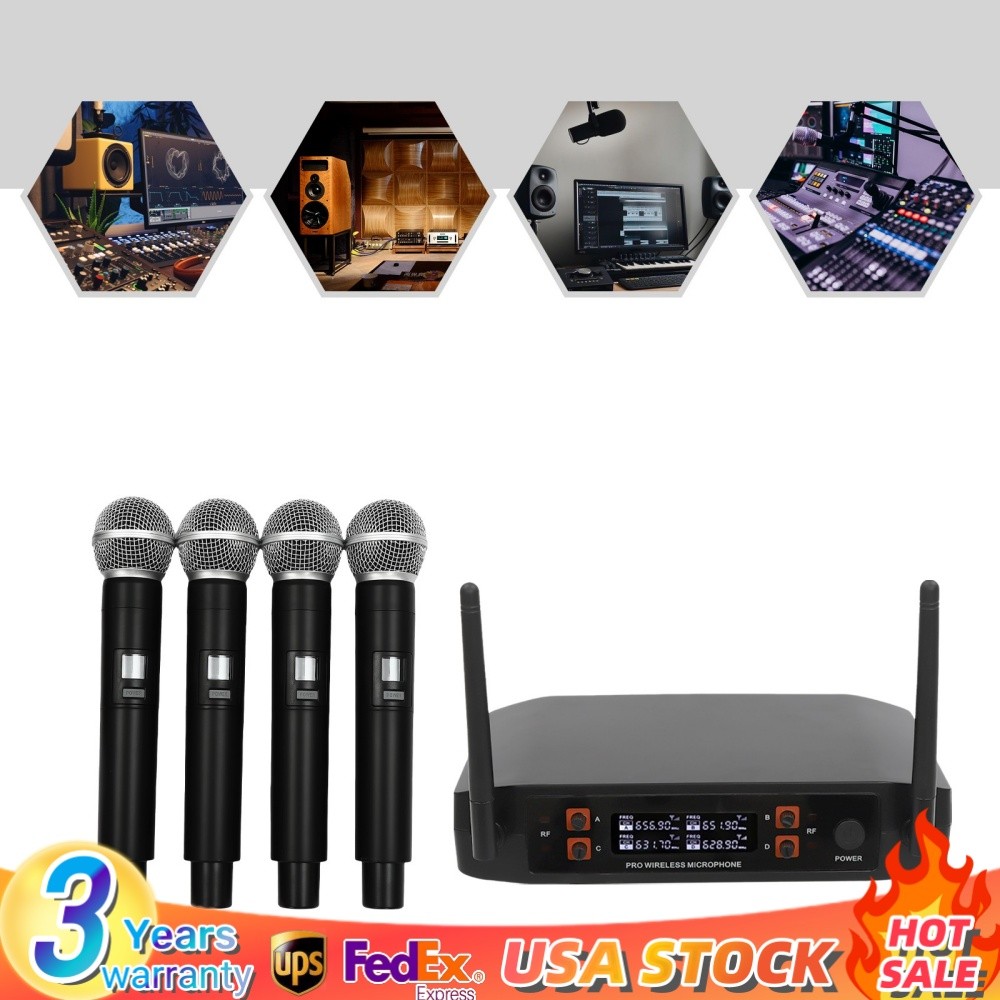 Wireless Microphone System 4 Channel Pro Audio UHF 4 Handheld Dynamic Mic Party