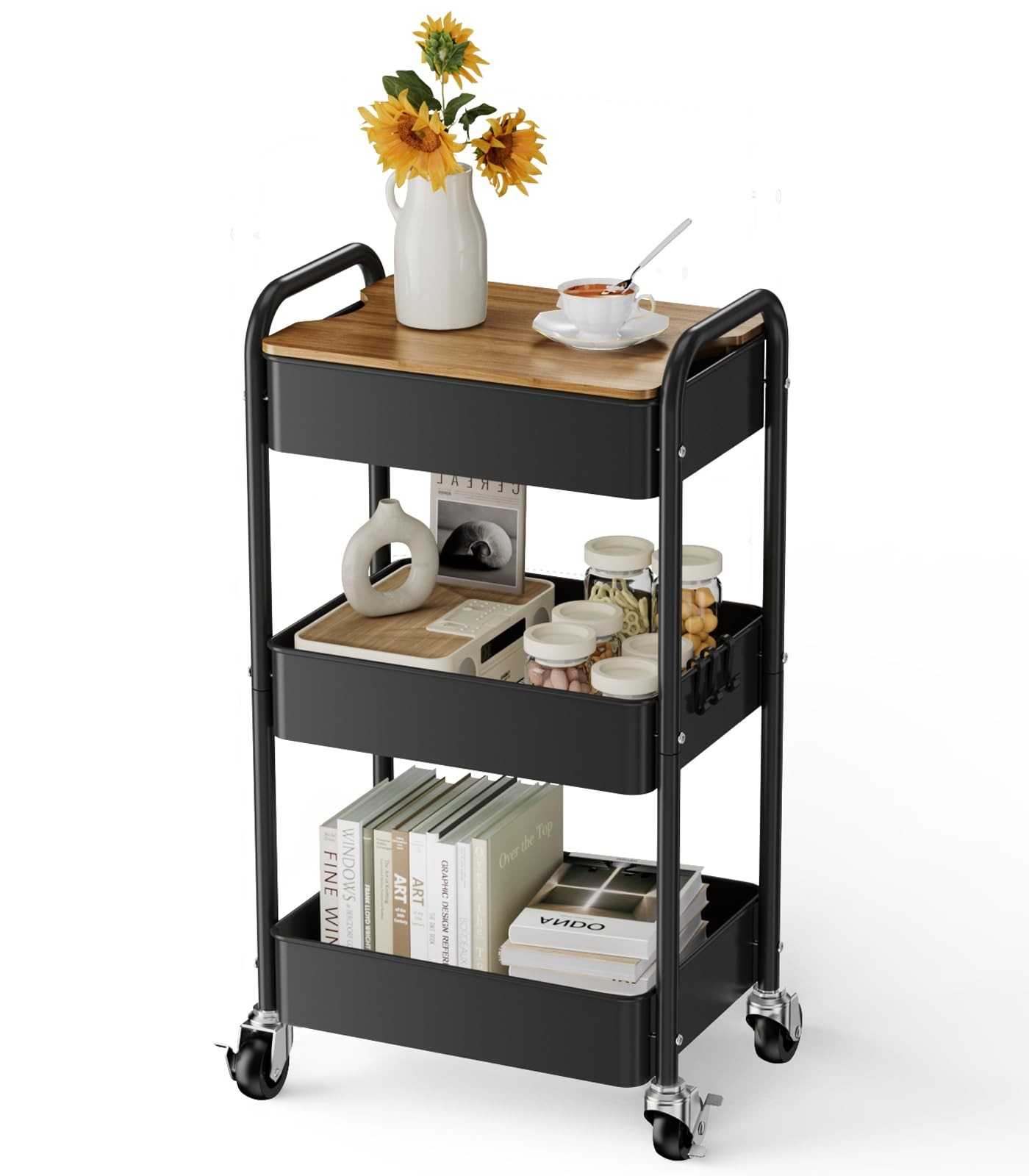 3 Tier Rolling Cart with Table top, Metal Utility Cart, Sturdy Storage Organi...