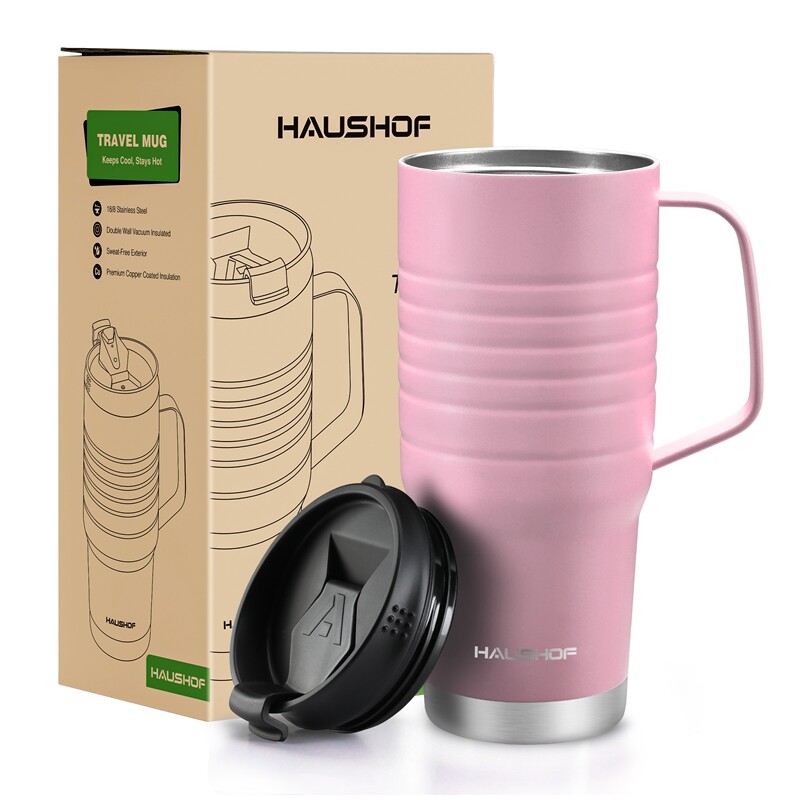 HAUSHOF 24oz Travel Mug with Handle, Stainless Steel with Leakproof Lid BPA Free