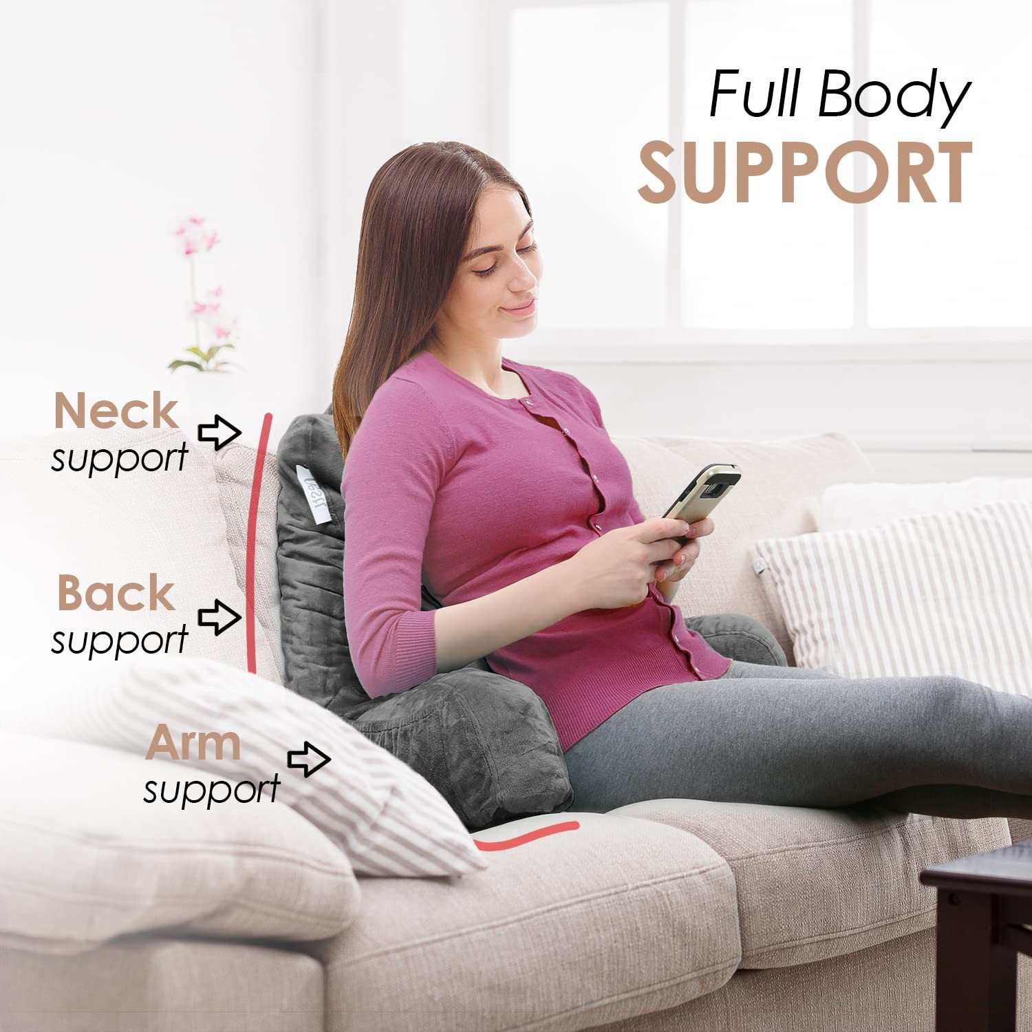 Sitting Up Pillow For Bed, Adjustable Arm Support, Grey