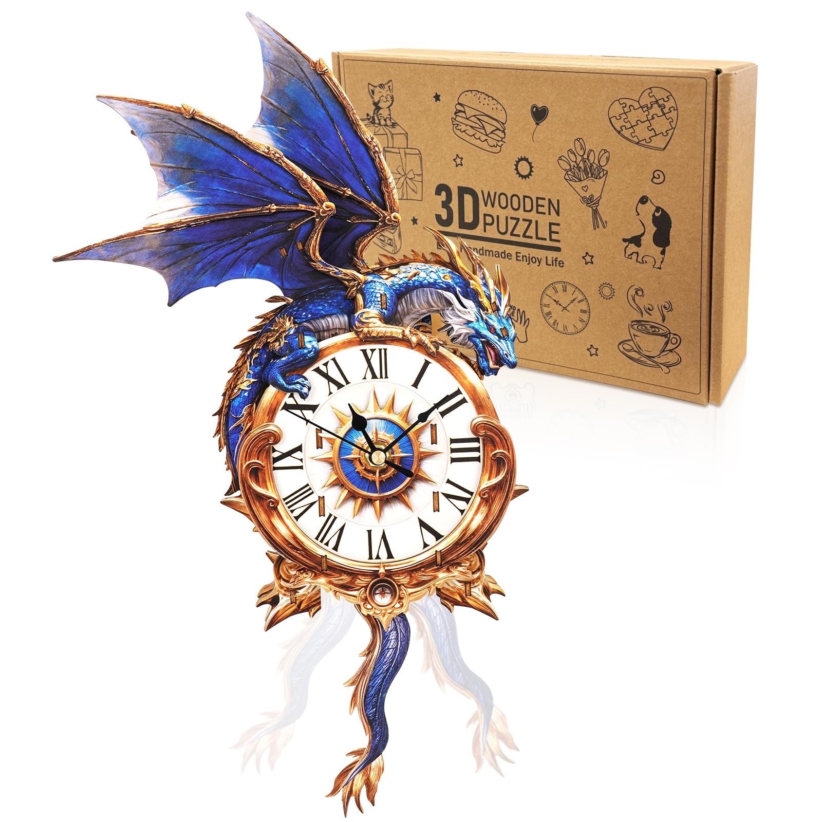 3D Puzzles for Adults Clock-Blue Dragon Design Model Kit-Mechanical DIY Pendu...