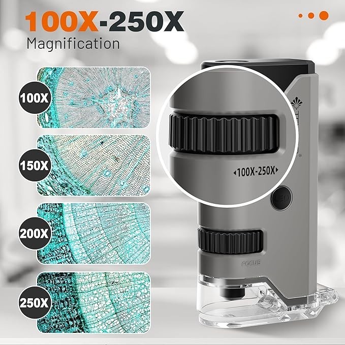 100X-250X Mini Pocket Microscope for Kids Adults, Protable Handheld Microscope,