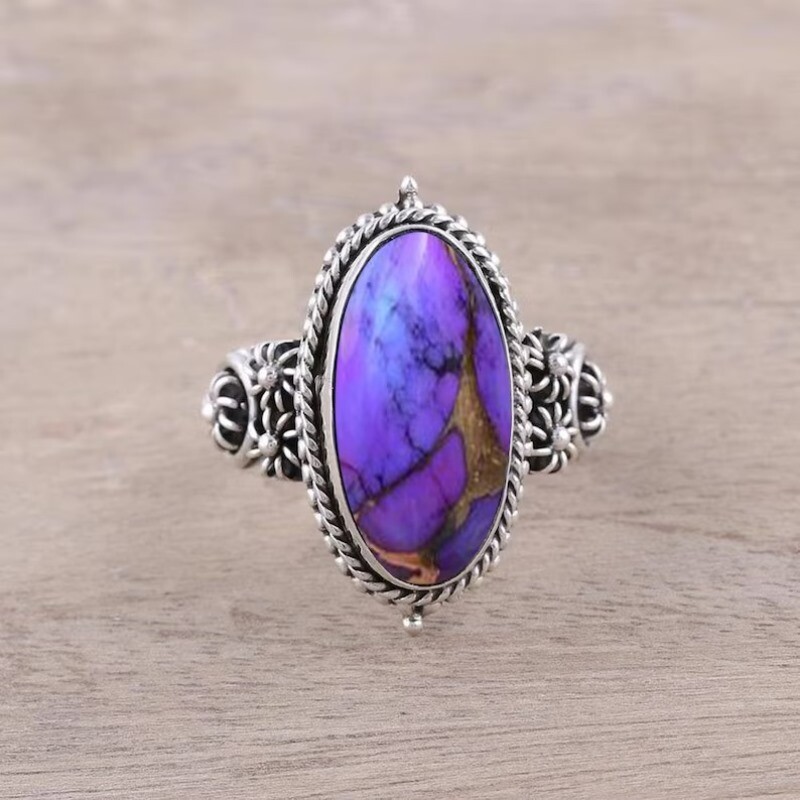925 Sterling Silver Purple Copper Turquoise Gemstone Handmade Women's Ring