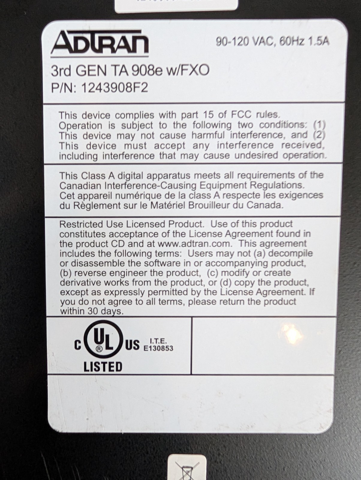 Adtran Total Access 908e 3rd Gen w/FXO PN: 1243908F2