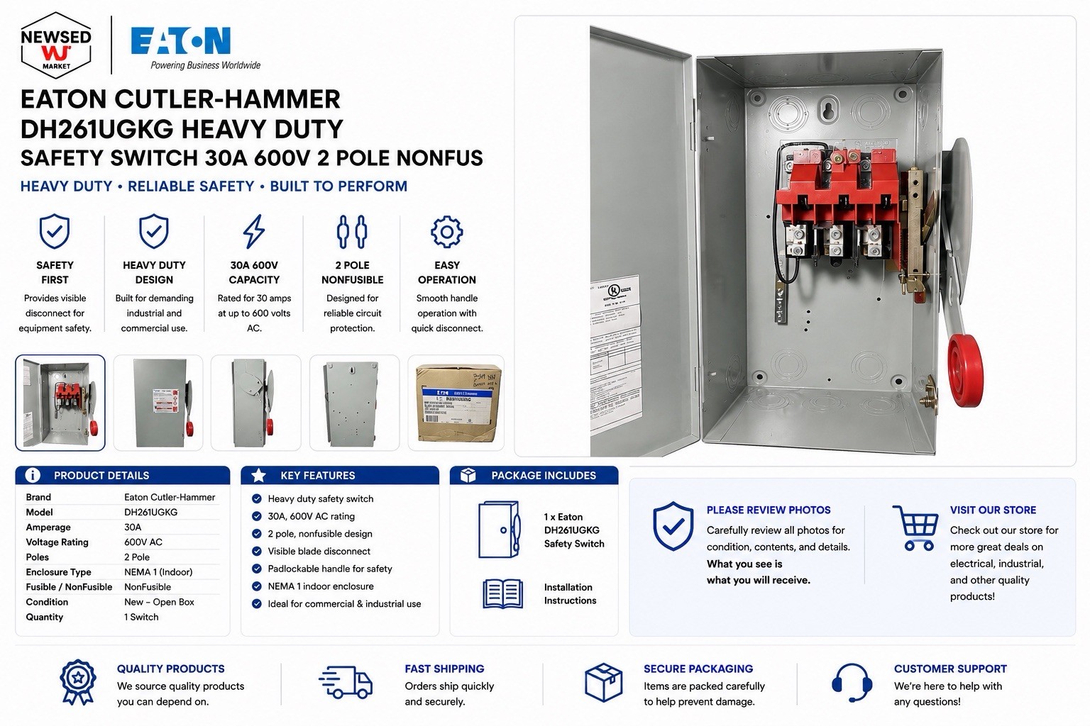 EATON Cutler-Hammer DH261UGKG Heavy Duty Safety Switch 30A 600V 2 Pole NonFus
