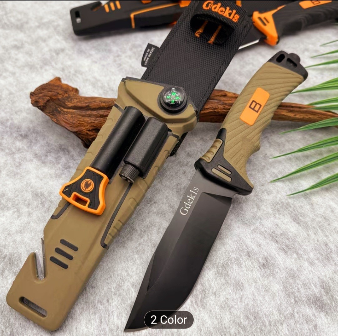Gdekls Survival Knife 10.5cm Khaki /Sheath Fire Starter Compass  Knife Sharpener