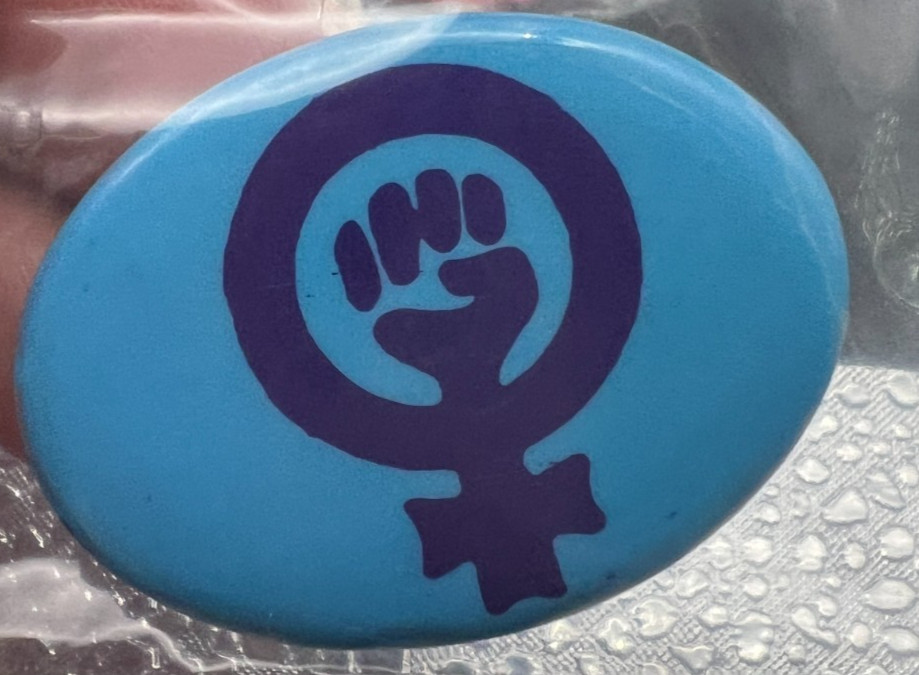 Political Feminist Fist No More Miss America Oval Pinback Button-Blue