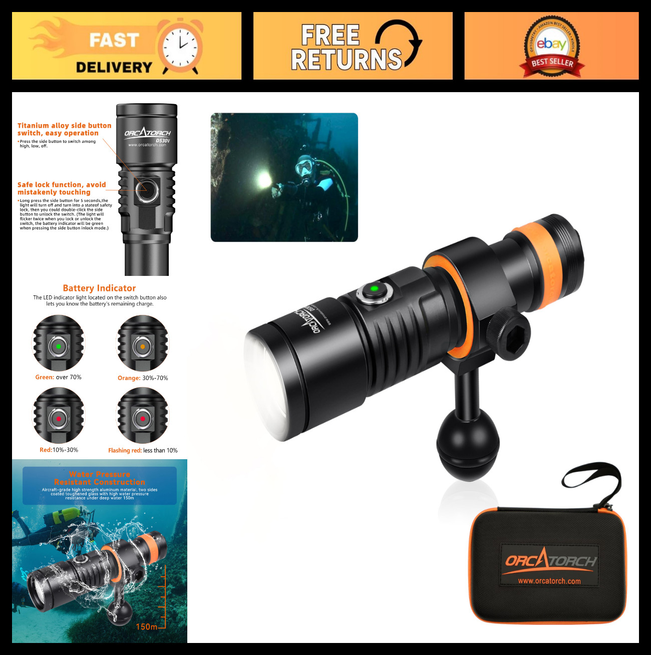 1200 Lumens Underwater Video Light, 6500K Cool White, 120° Wide Beam, IP68 Water