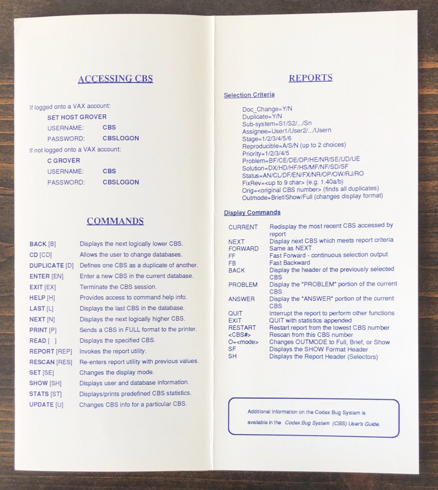Codex - The Codex Bug System (CBS) Reference Card