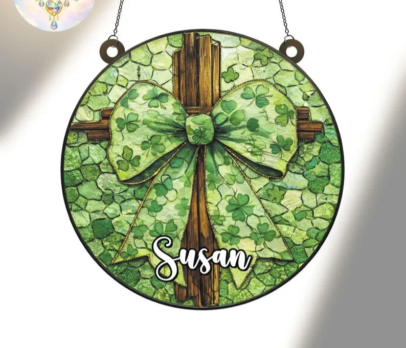 Custom Celtic Christian Cross St Patrick's Glass Suncatcher Window Decor Gift