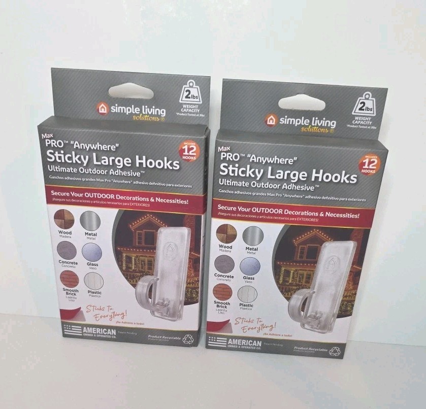 2 Boxes Simple Living Pro Anywhere Sticky LARGE HOOKS 12 Pack Ea. (24 Total)