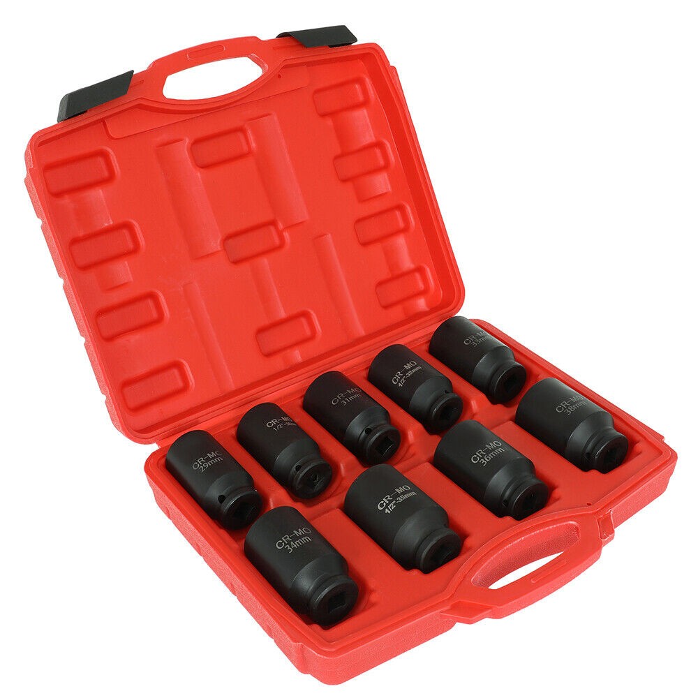 9Pcs 29-38mm 1/2" Drive Deep Impact Socket Set 6 Point Spindle Axle Hub Nut Tool