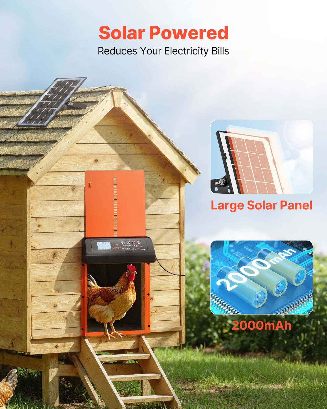 VEVOR Automatic Chicken Coop Door, Solar & Battery Powered Chicken Door with LCD