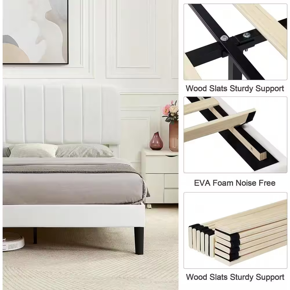 Upholstered Bed, White Queen Bed Platform Bed Frame with Adjustable Headboard, S