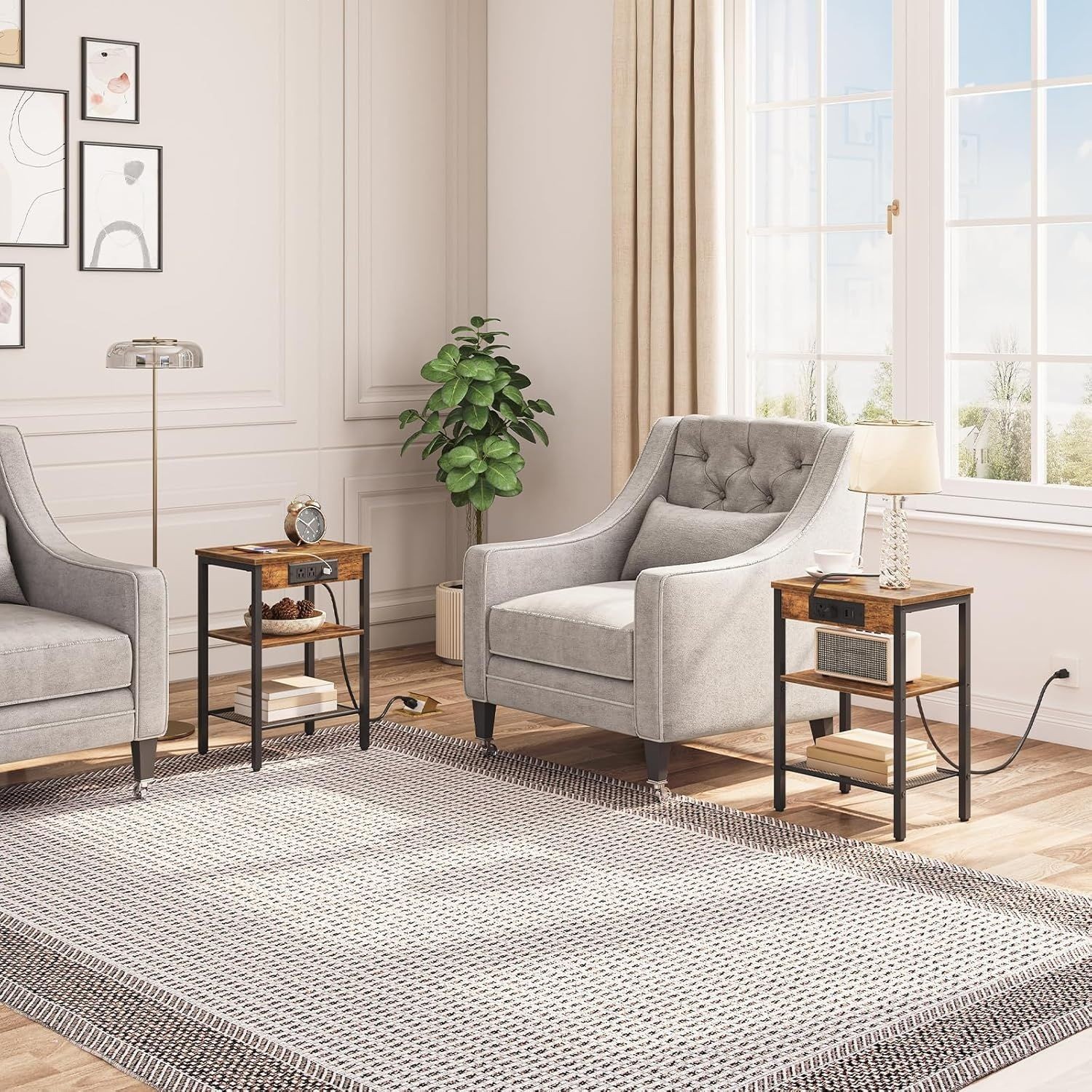 Side Table with Charging Station and USB Port, Small End Table for Small Space