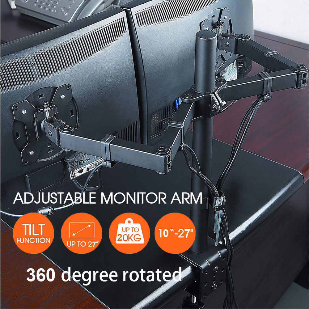 For 10"- 27"Dual LCD Screen Monitor Desk TV Bracket Stand Holder Tilt & Swivel