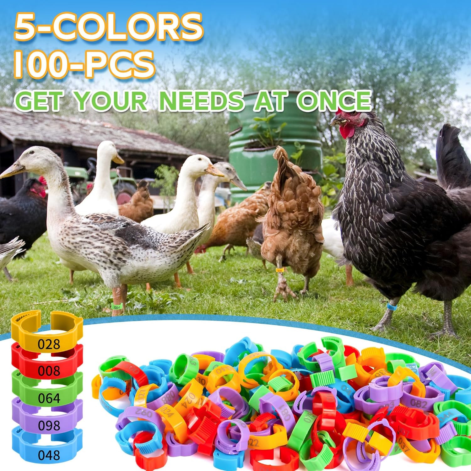 100pcs Chicken Leg Bands, 14-22mm Adjustable Poultry Tags, Durable Multi-Colo...