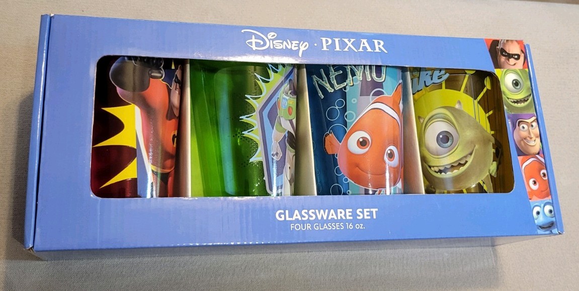 Disney Pixar 16oz Glasswear Set Of 4 New In Box!