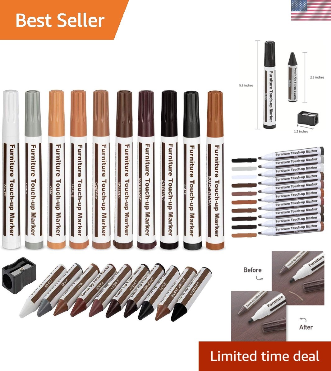 Wood Furniture Touch Up Kit: 10 Colors of Markers and Wax Sticks Included