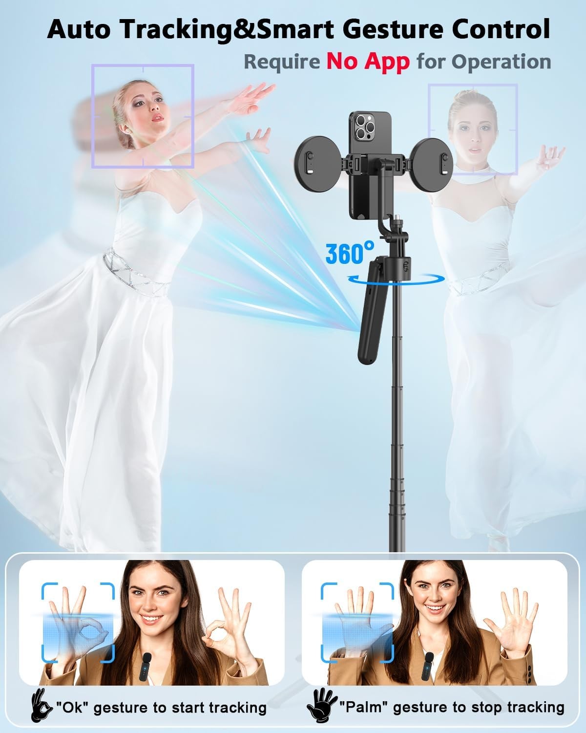 Vlogging Kit for iPhone/Android, 63”Auto Face Tracking Tripod for iPhone with Li