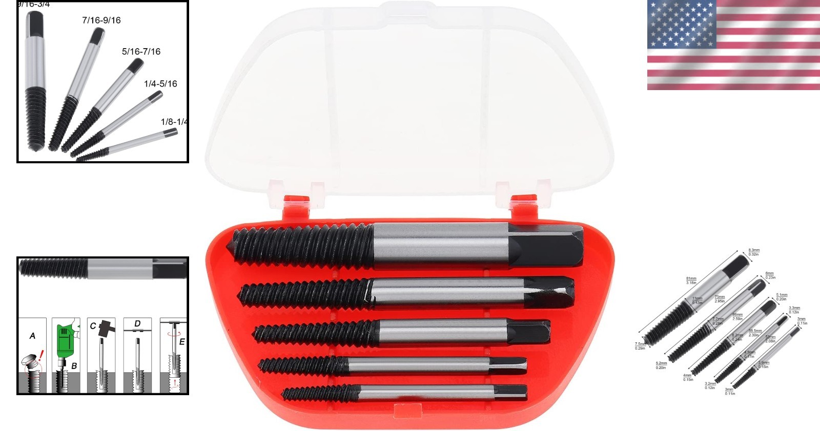 Versatile 5-Piece Screw Extractor Set - Quick Solution for Broken Bolt Removal