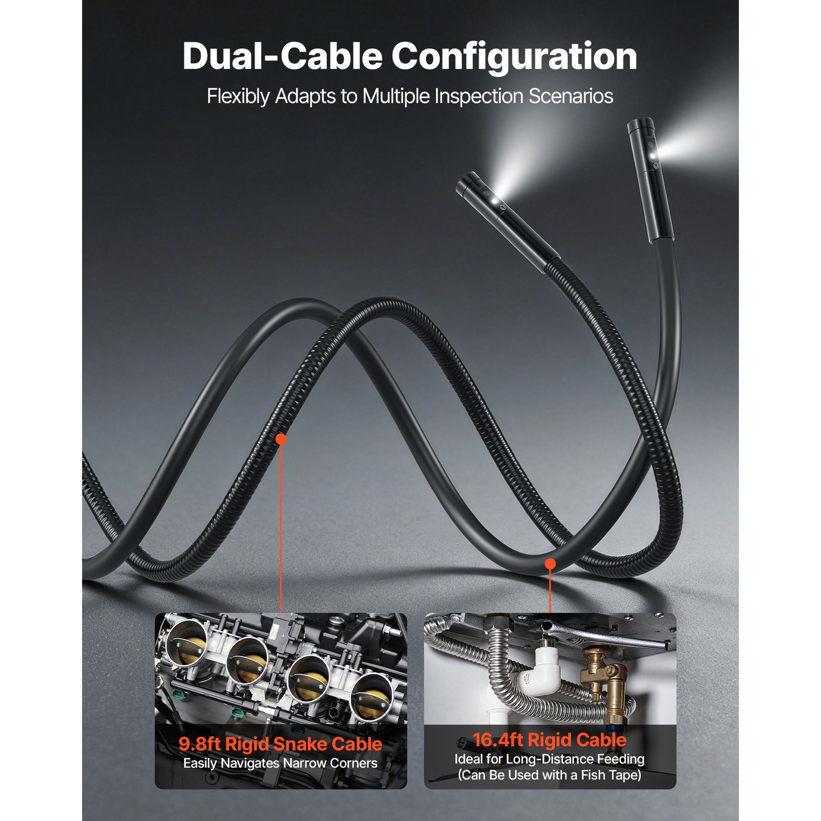 Dual-Cable Borescope: 7\" IPS, Triple Camera, 8X Zoom, IP67, 5hr Battery