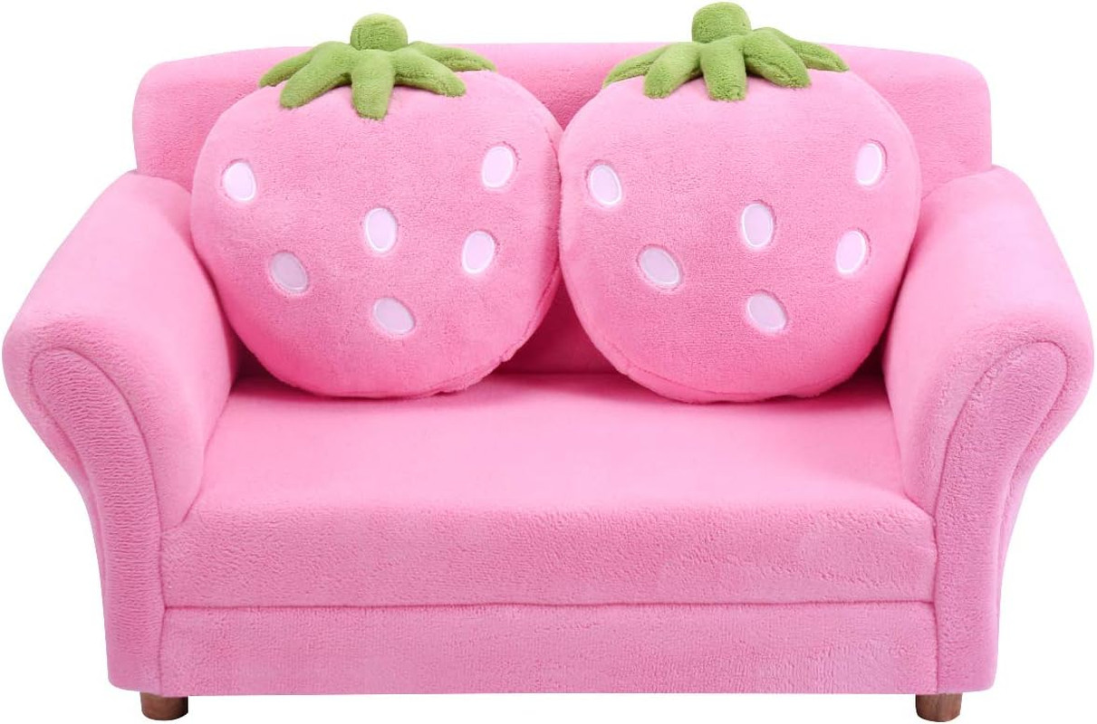 Kids Sofa, Children Upholstered Loveseat Lounge Bed W/ 2 Cute Strawberry Pillows