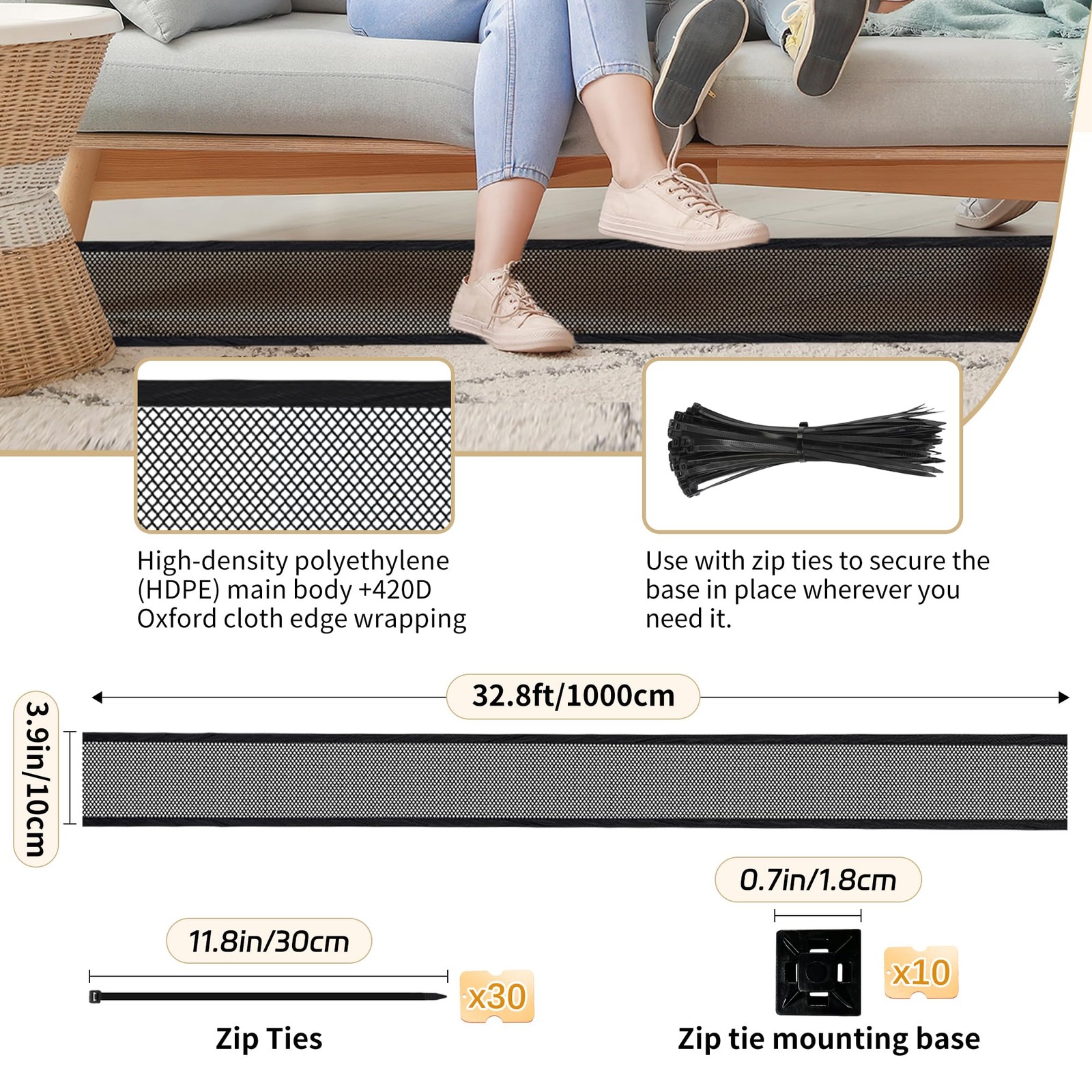 Under Couch Blocker 4 Inch x 39.3 Ft Toy Blocker 30 Zip Ties Black Furniture