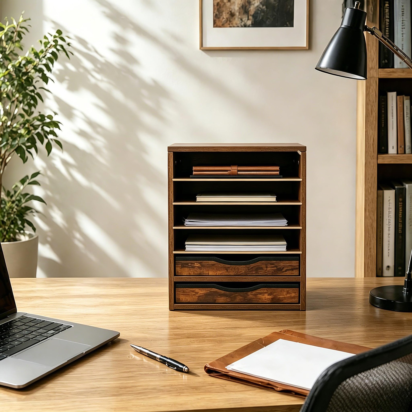 Wooden Desk Organizer with Drawers, 6 Tier Adjustable Paper & File Storage Or...
