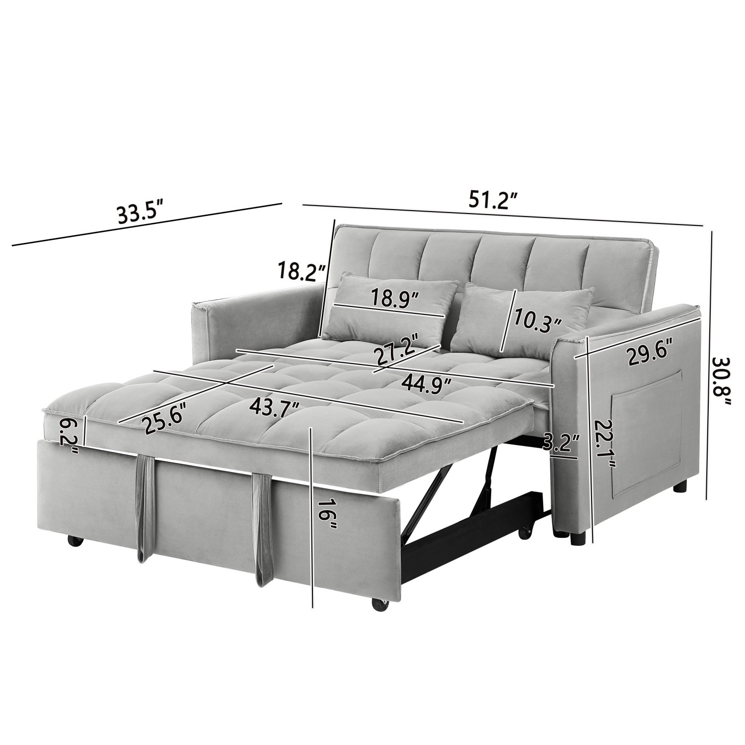 Modern Velvet Loveseat Sofa 3 in 1 Convertible Sleeper Sofa Bed with 2 Pillows