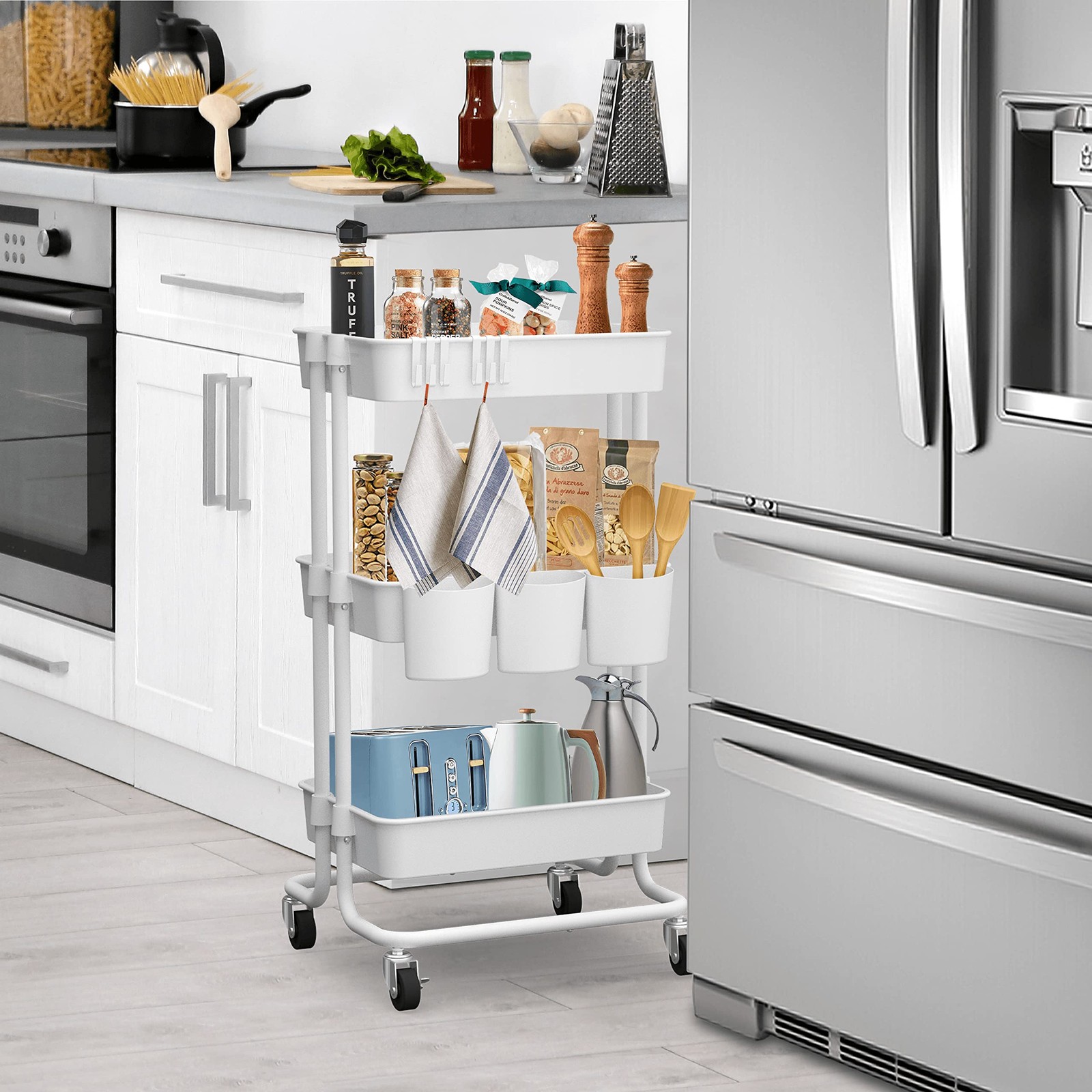 3 Tier Rolling Storage Organizer Mobile Utility Cart with Baskets Wheels White