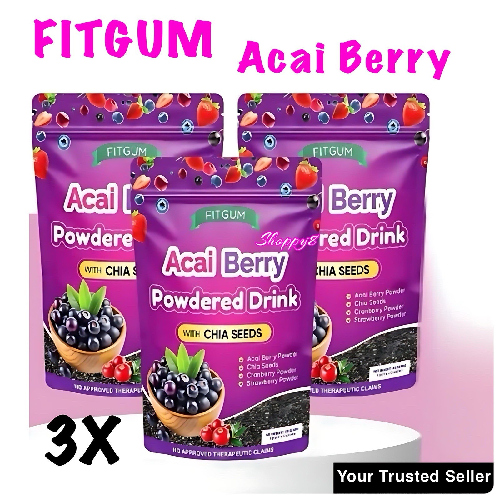 3 Packs FITGUM Acai Berry Drink Powder w/ Chia & Collagen – 30 Sachets