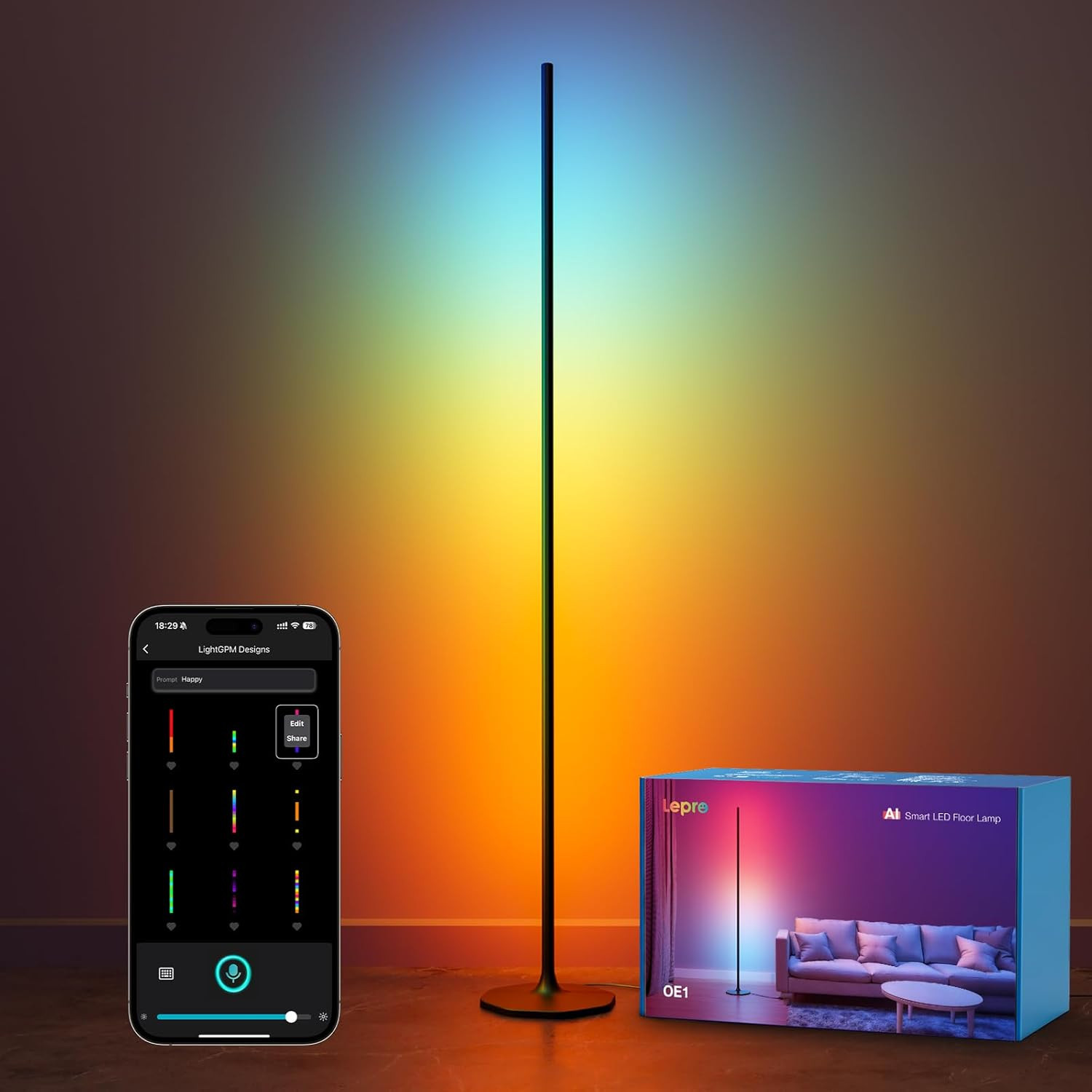 OE1 AI Corner Floor Lamp, Smart RGBICW LED Corner Lamp with Music Sync, Alexa En