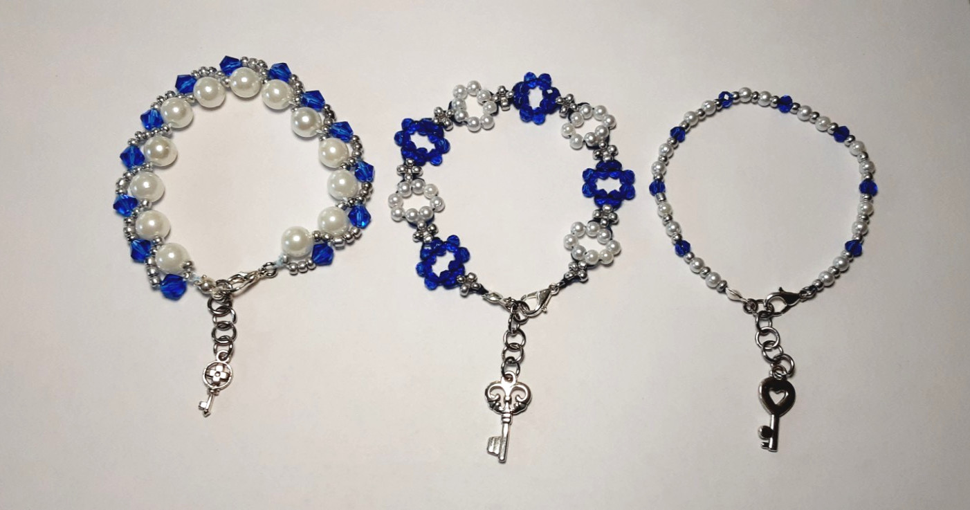 DAINTY GLASS & FAUX PEARLS STAINLESS ADJUSTABLE BEADED BRACELETS BLUE, WHITE