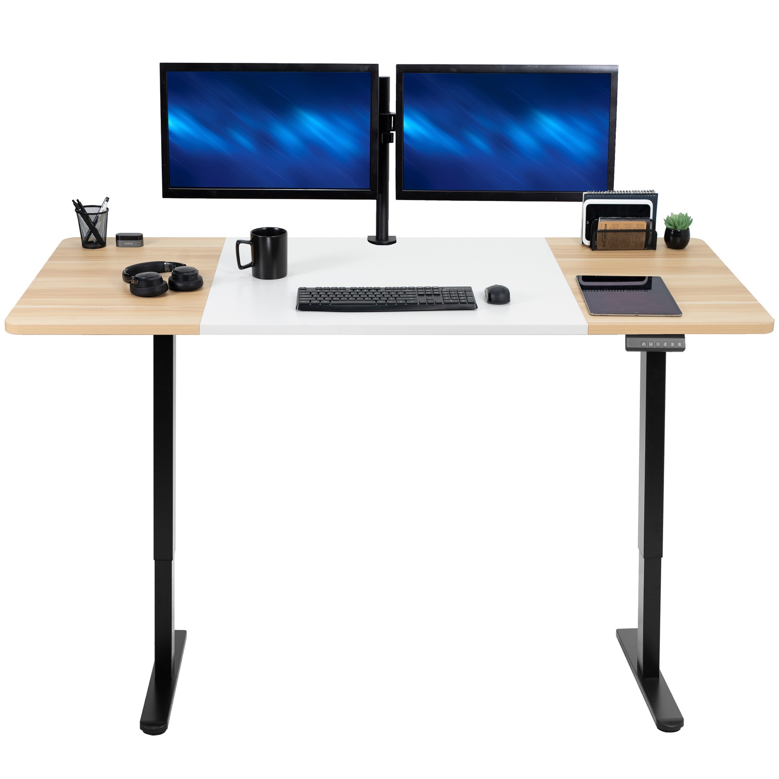 VIVO Electric Dual Motor 71”x30” Standup Desk, White/Light Wood Top, Black Frame