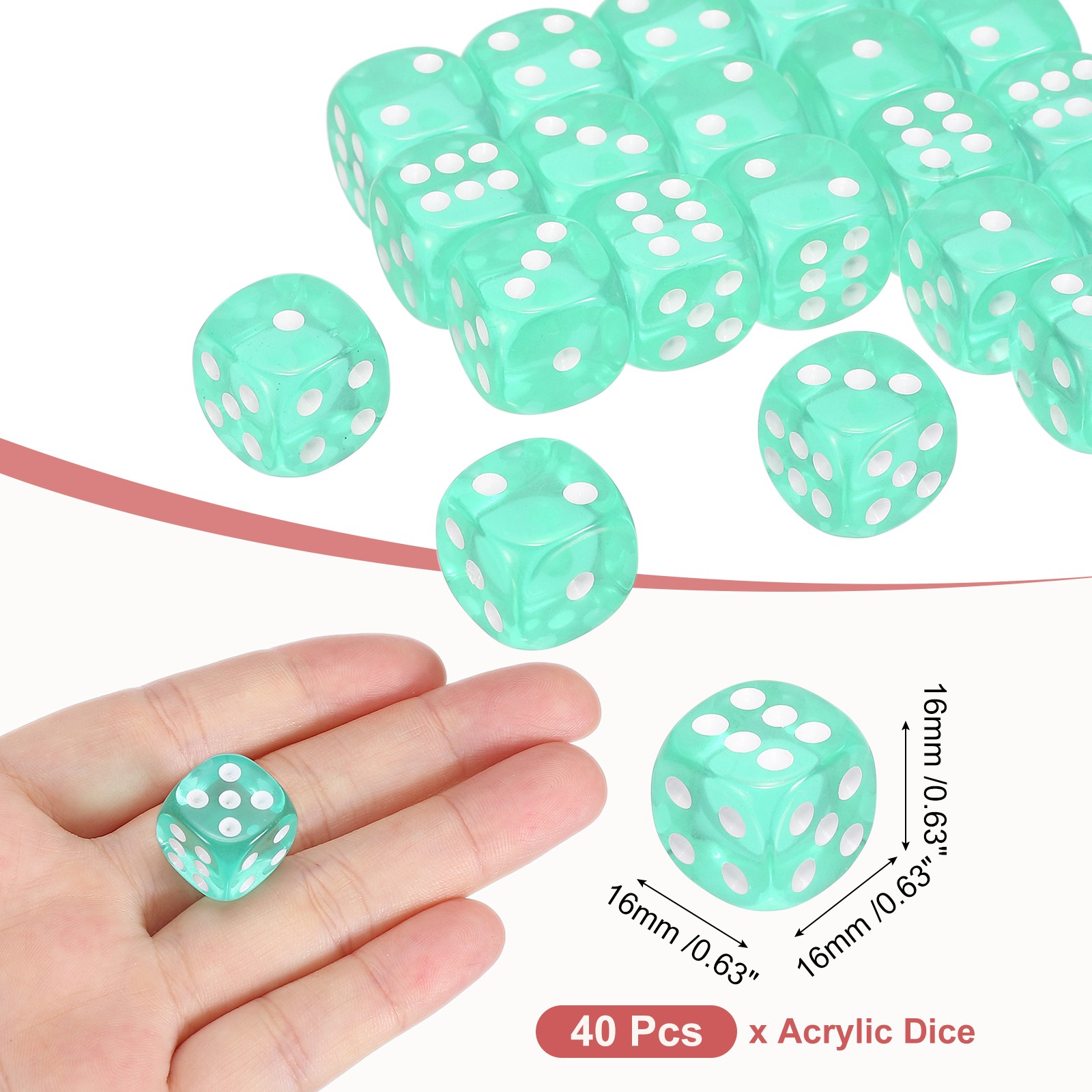 40Pcs 6 Sided Acrylic Dice, 16mm/0.63" Rounded Corner Dice, Light Green