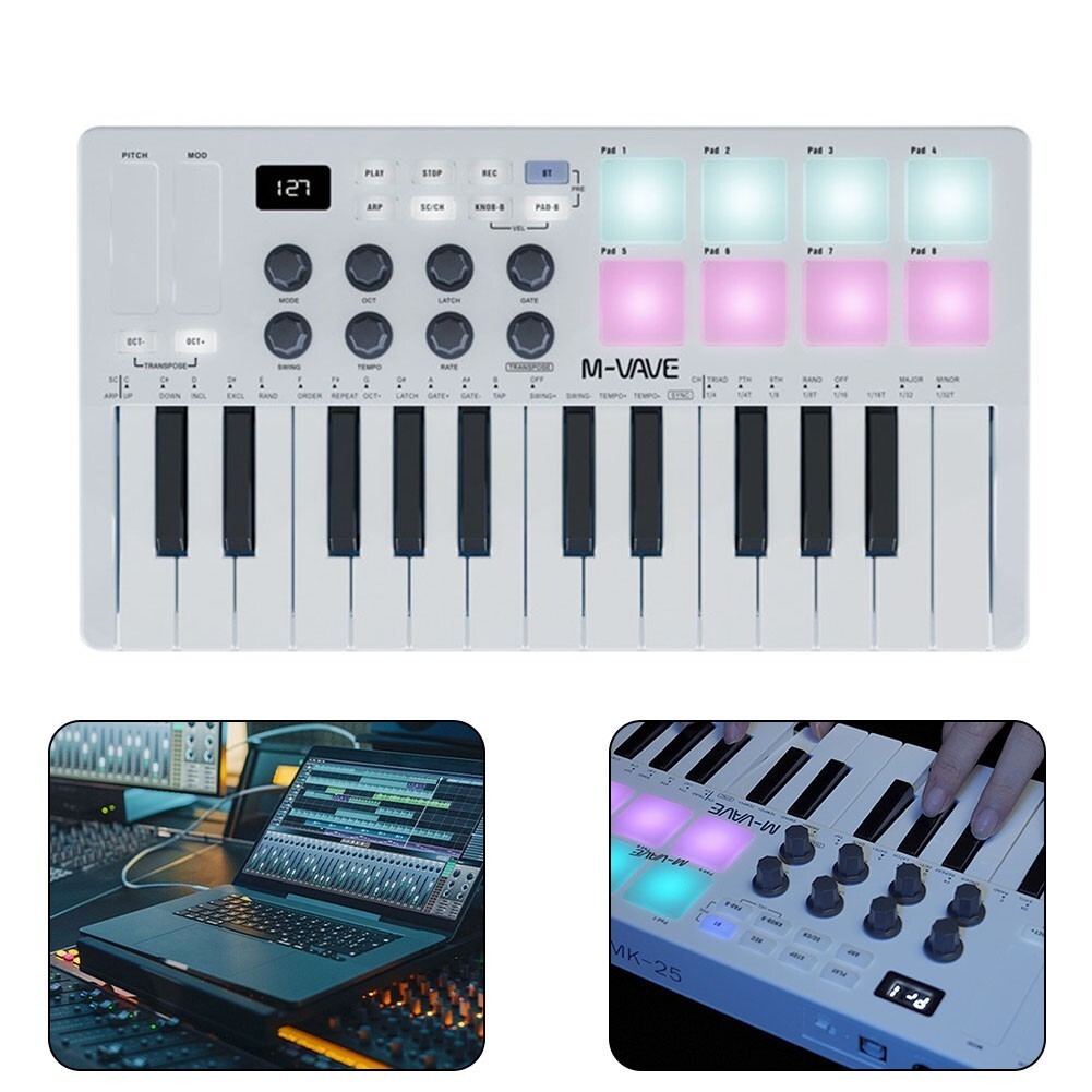 For M VAVE MIDI 25Key USB MIDI Control Keyboard Controller 8 Backlit Drum Pads 8