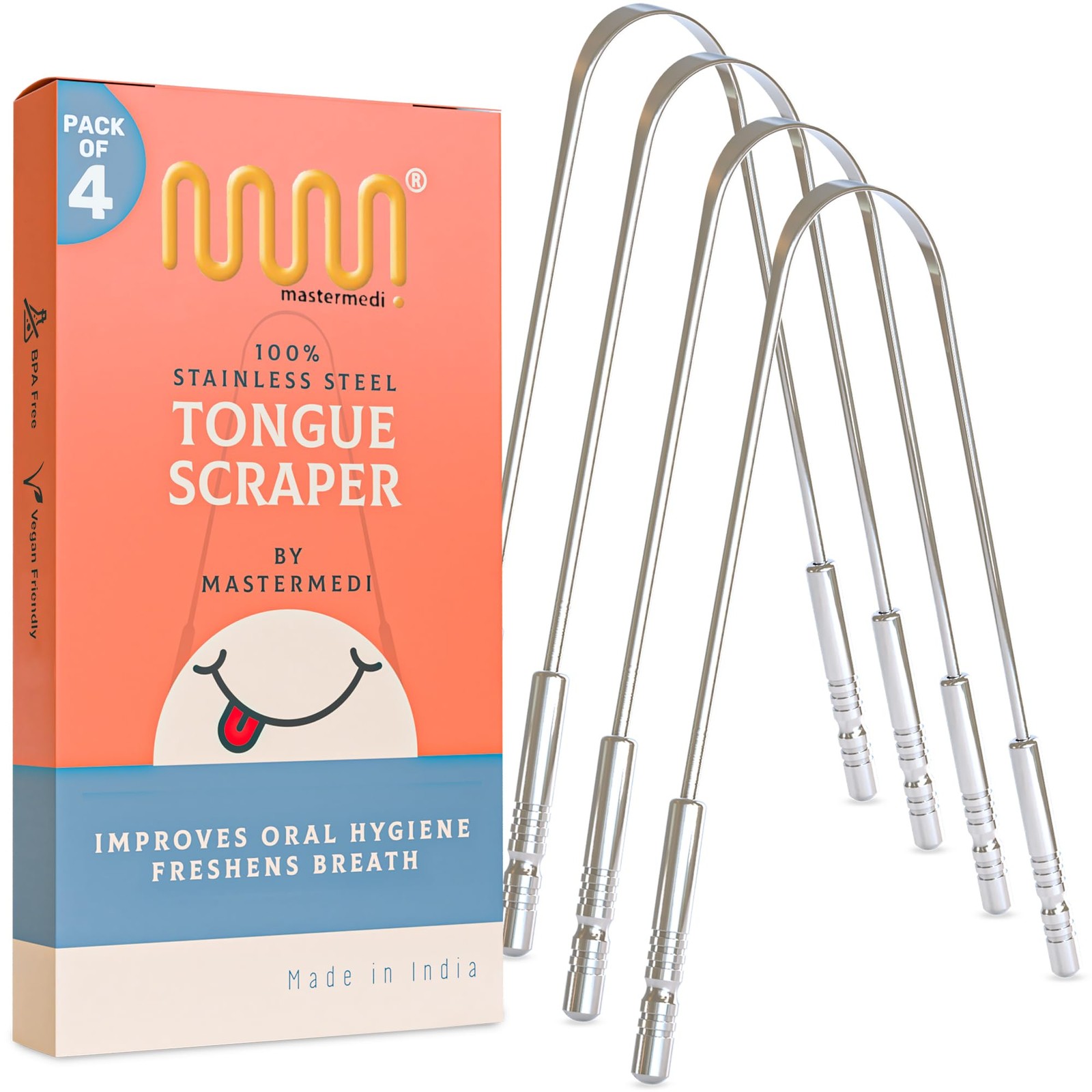 MasterMedi Tongue Cleaner Scraper Surgical Grade 4 Count (Pack of 1)