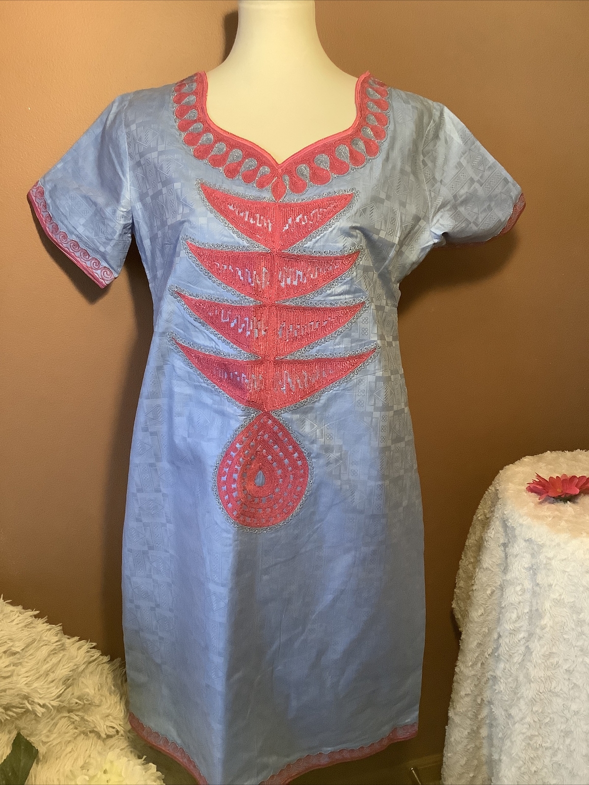 African ladies blue bazin dress loose west africa S