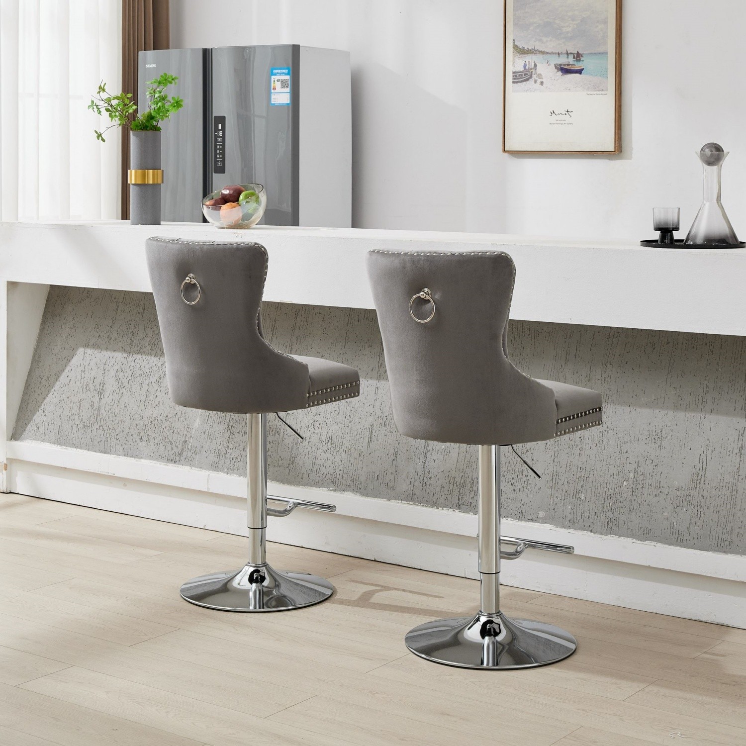 Set of 2 Swivel Bar Stools Velvet Bar Chairs Adjustable Height Dining Chairs