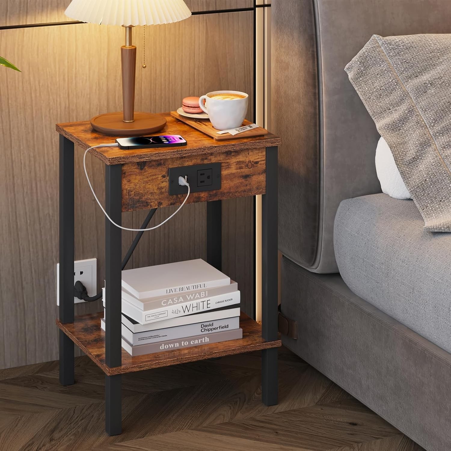 Side Table w/ Charging Station Nightstands End Tables with USB Port Outlets 2PCS