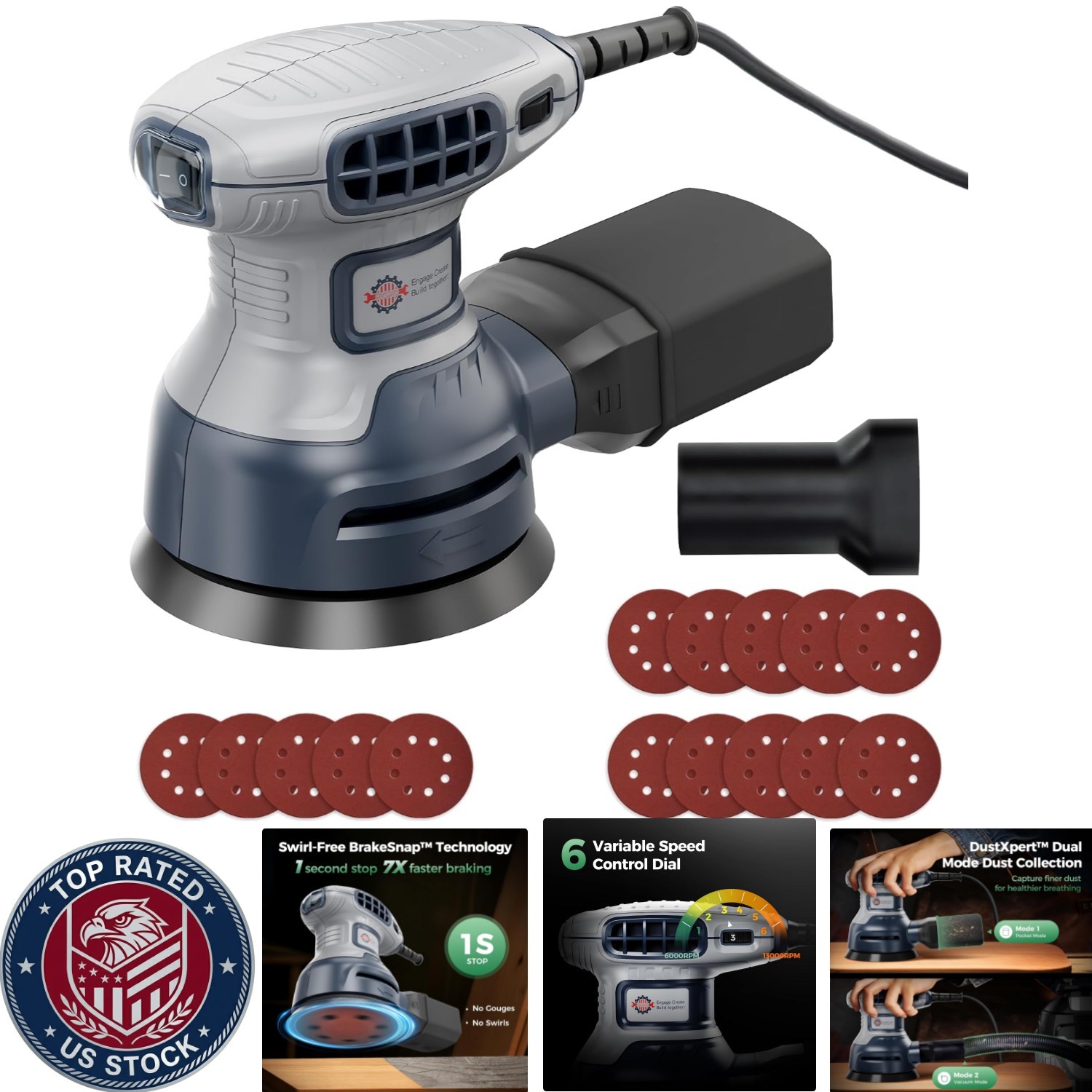 5-Inch Orbital Sander with BrakeSnap & Ergonomic Design for Comfort
