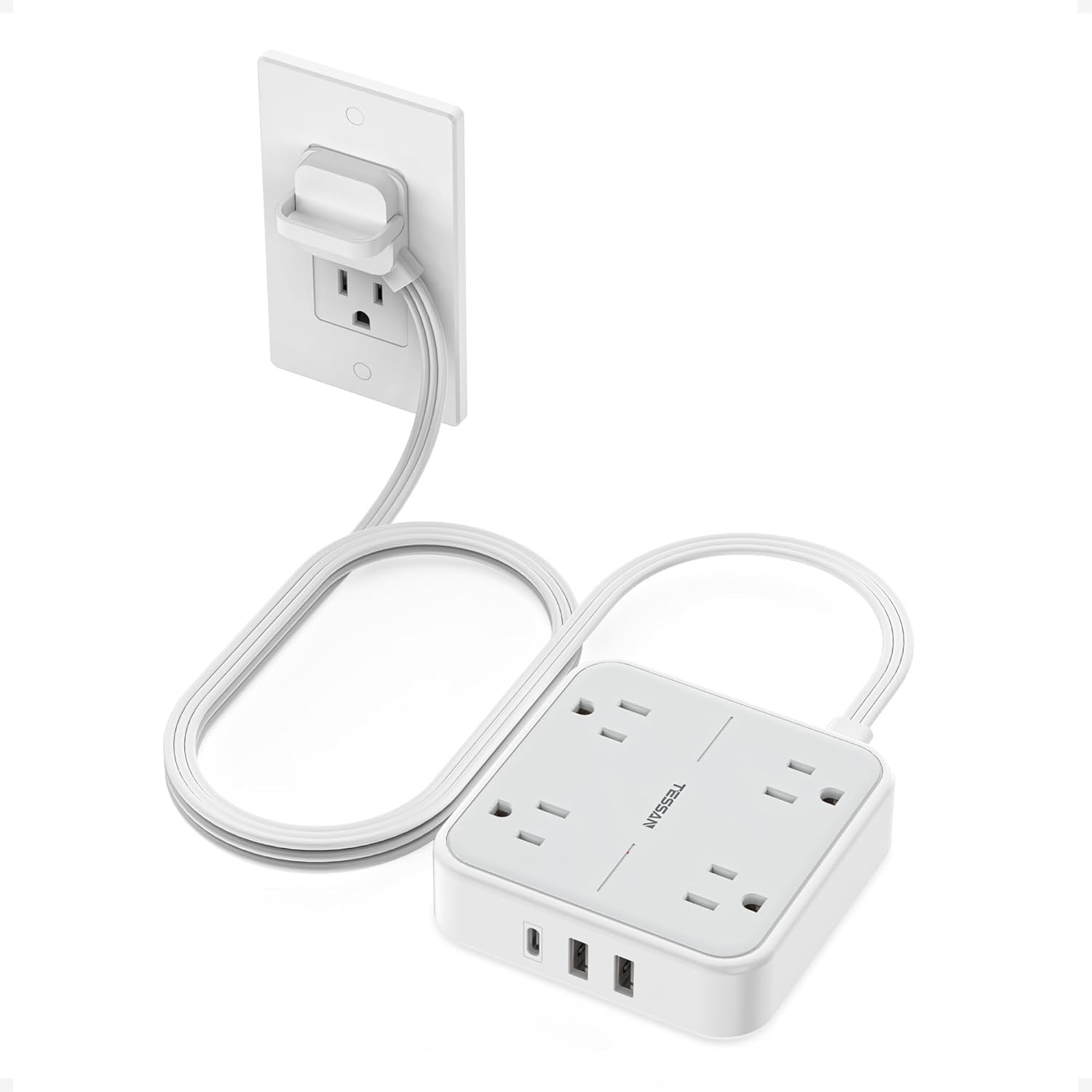 Flat Plug Extension Cord 5 Ft,  Surge Protector Power Strip Ring Pull with 3 USB