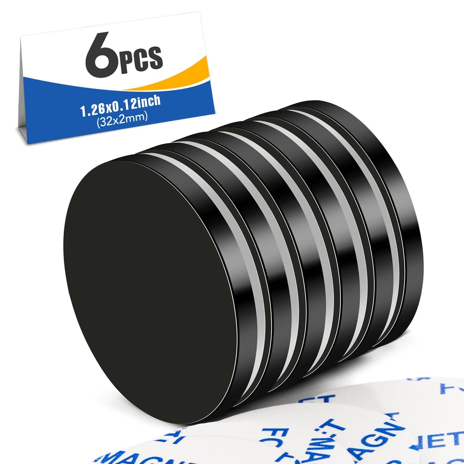 6 Pack Strong Neodymium Disc Magnets with Adhesive Backing, Black