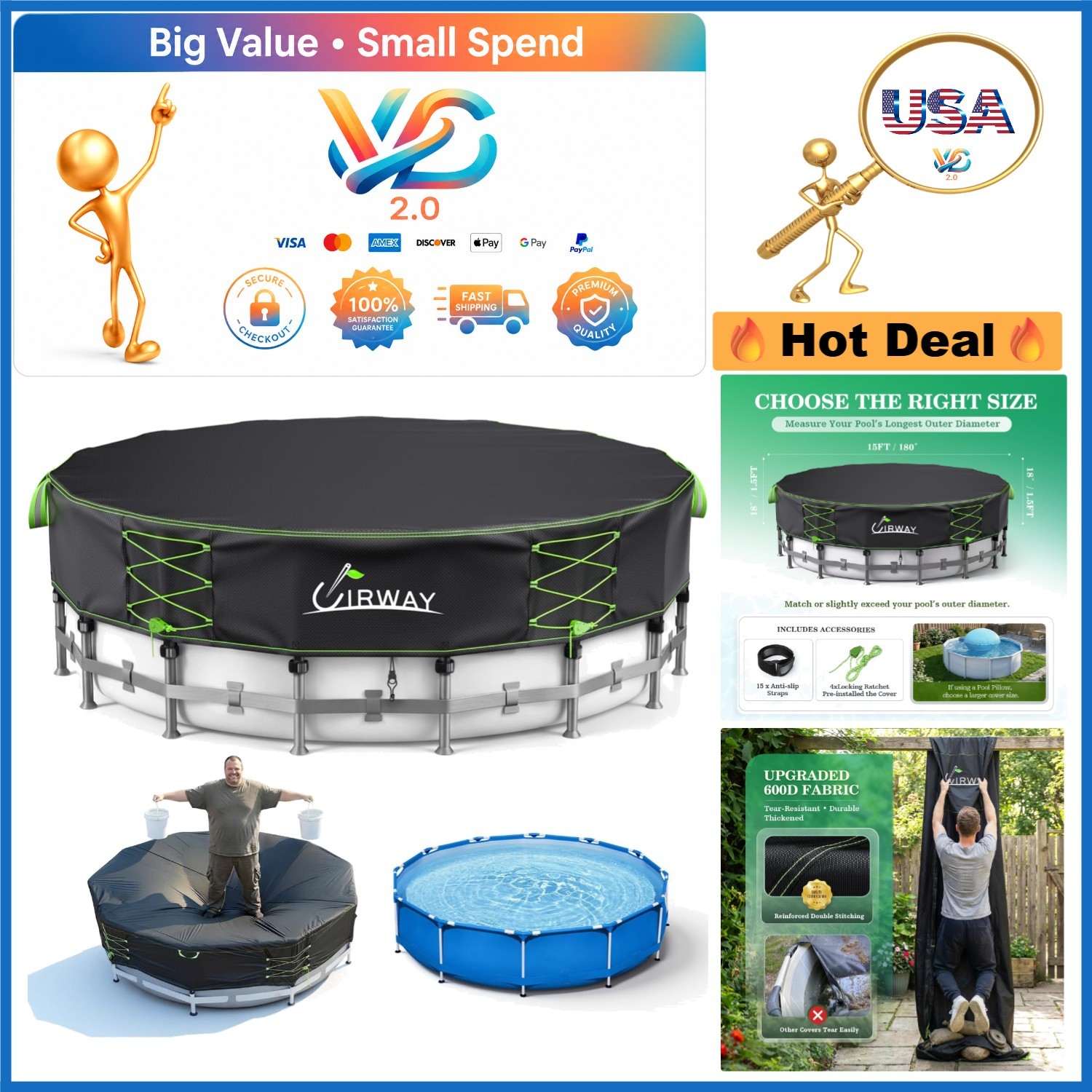600D Heavy Duty 15ft Round Pool Cover Solar Windproof Locking System UV Prote...