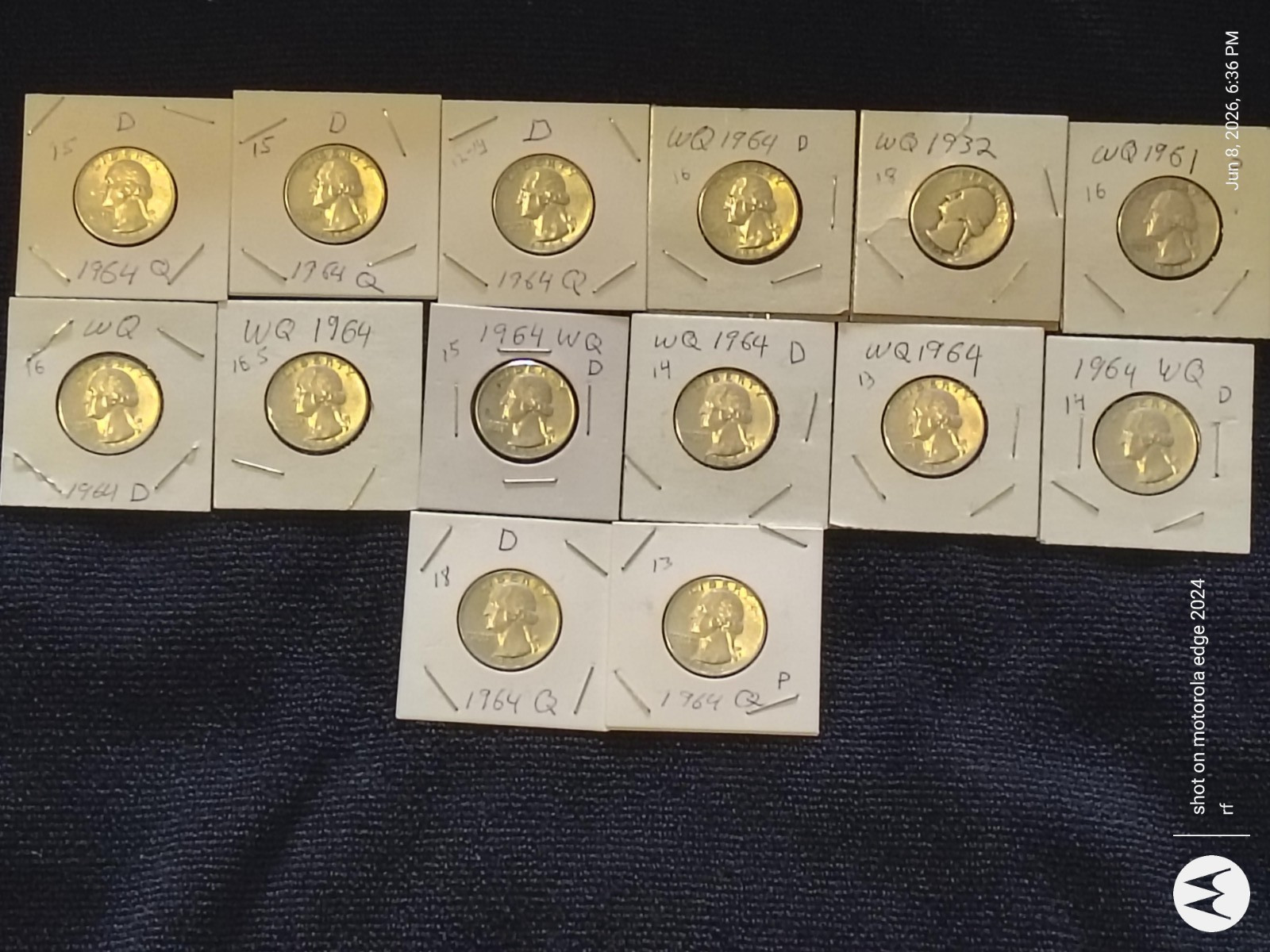 Lot of 14 Washington Quarters 1932P - 1964 mixed dates 90% Silver XF/AU Choice