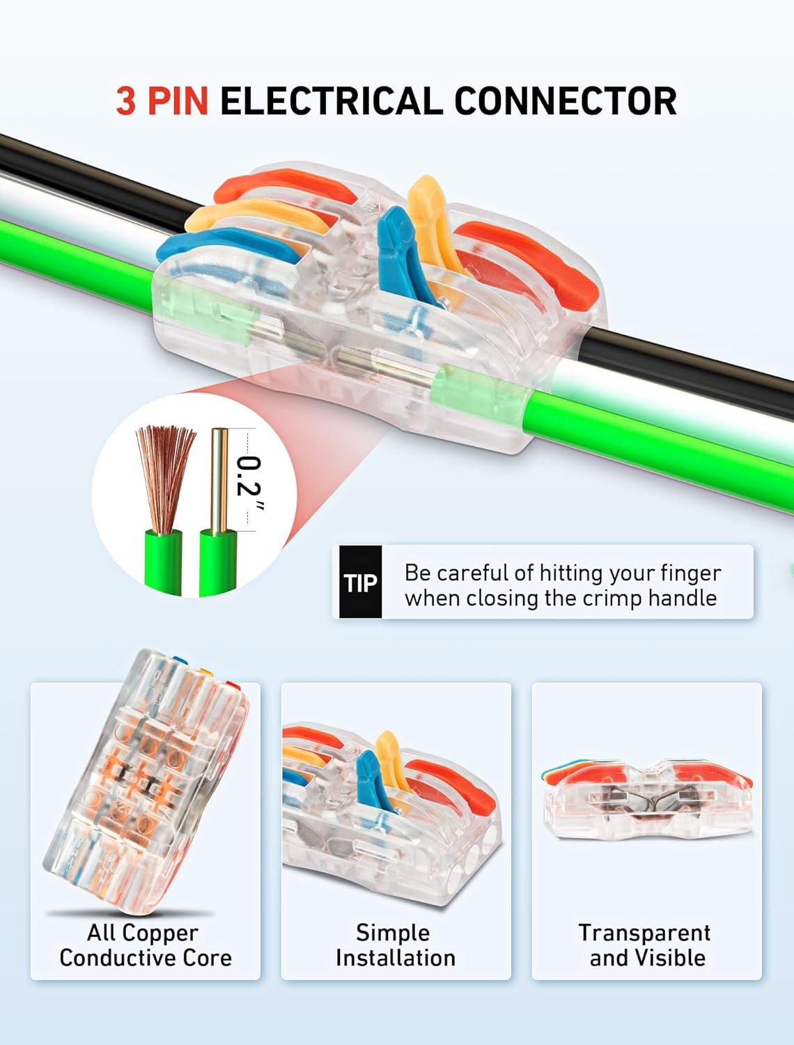 3-Pack Junction Box with 3 Pin Electrical Cable Connectors, IP68 Black