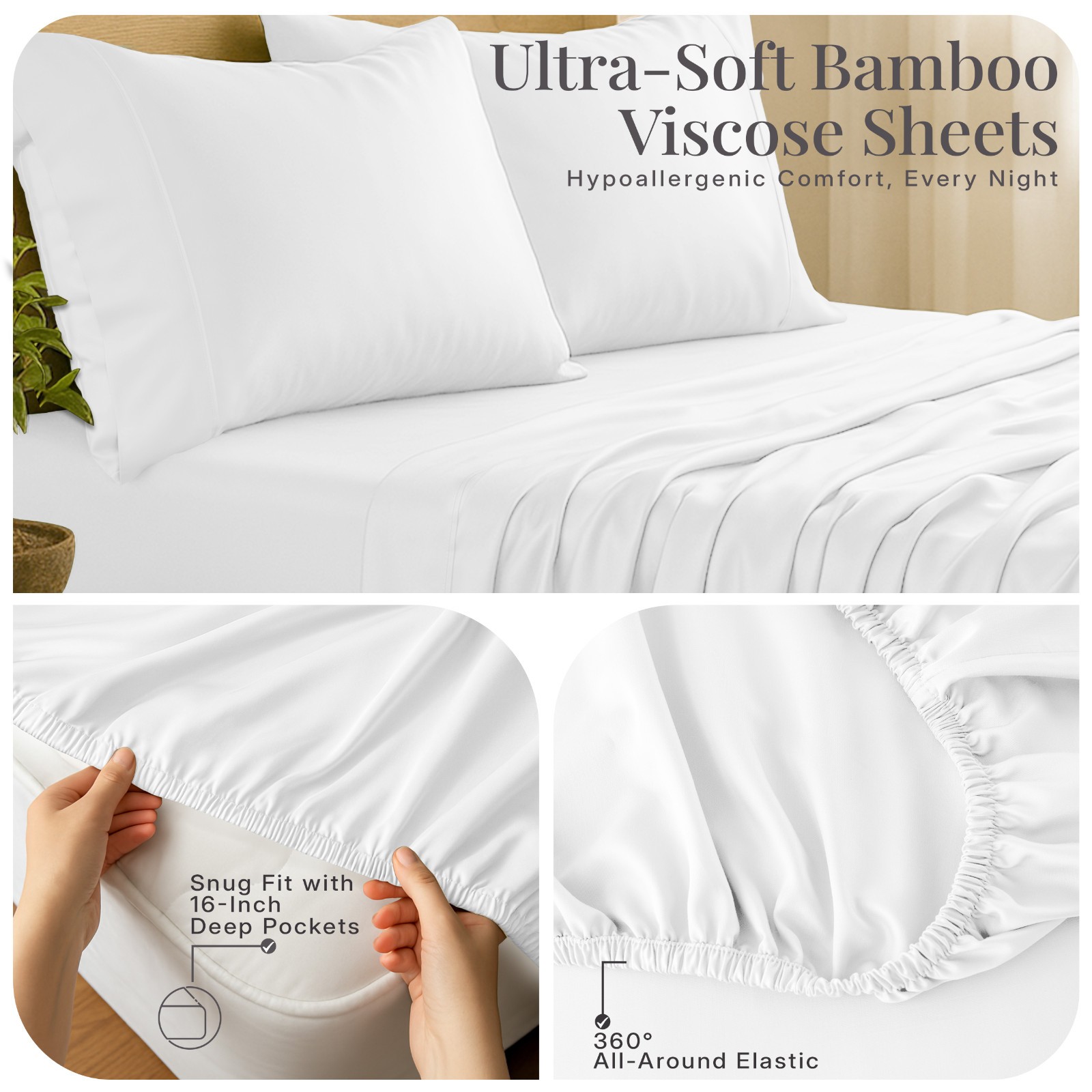 4PC 100% Bamboo Viscose Sheet Set Cooling Deep Pocket 16" Soft Luxury Bed Sheets
