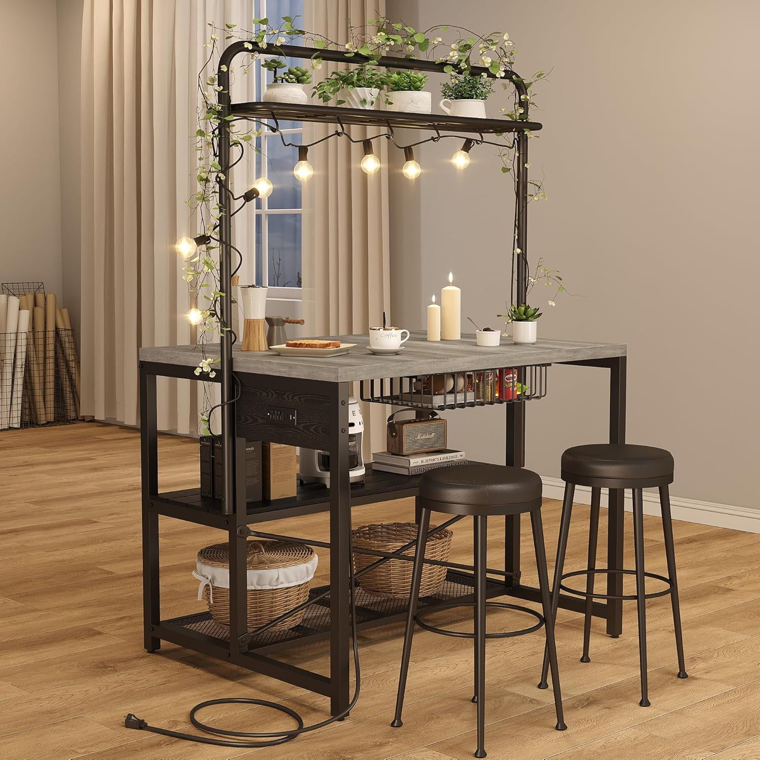 46" Large Kitchen Island Table Baker Rack with Power Outlet and 3-Tier Storage-M